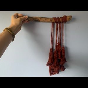 Macrame wall hanging, burnt red and salvaged wood